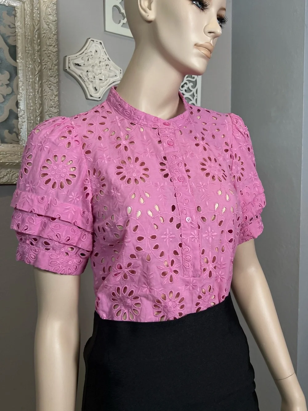 J. Crew Pink Eyelet Short puff Sleeve Blouse